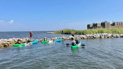 Louisiana science teachers kayaking to Fort Proctor.